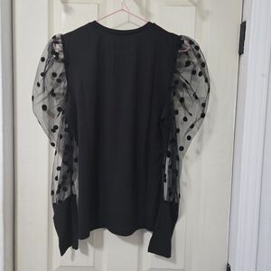 Chic Black Blouse with Sheer Polka Dot Sleeves